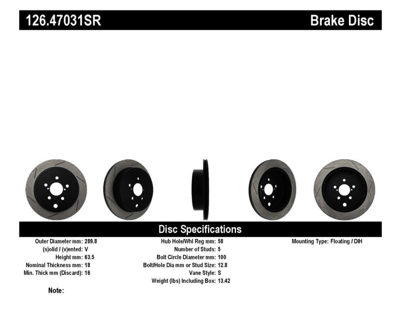 StopTech Power Slot 13 Scion FR-S / 13 Subaru BRZ Rear Right Slotted Rotor - Eaton Motorsports