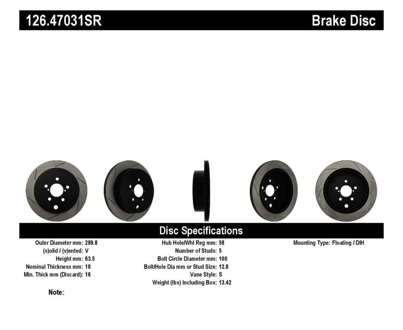 StopTech Power Slot 13 Scion FR-S / 13 Subaru BRZ Rear Right Slotted Rotor - Eaton Motorsports