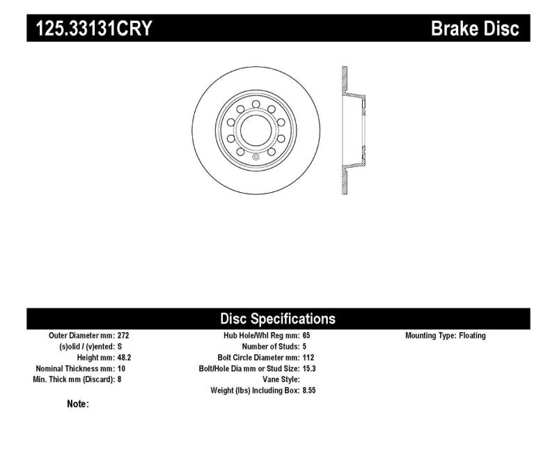 Stoptech 10-13 VW Golf/GTI/Jetta w/ 272mm Rear Disc Rear Premium High Carbon Cryo Brake Rotor - Eaton Motorsports